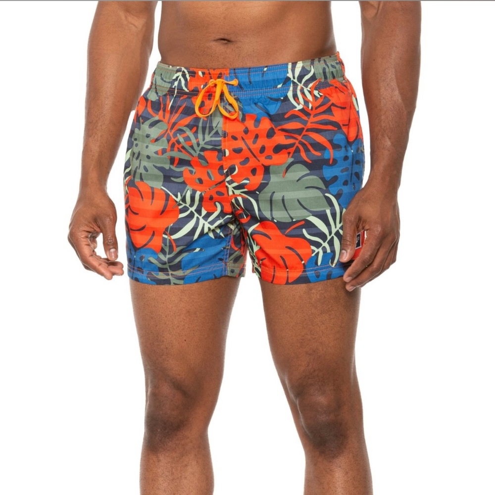 Speedo Blue Red Green Tropical Leaf Swim Trunks